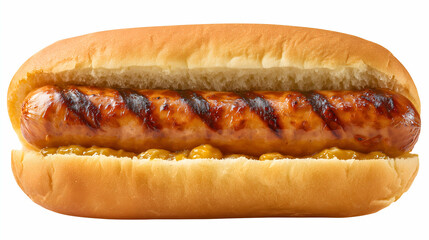 Grilled sausage hot dog with mustard, isolated on pure white background. Charred sausage in soft bun, ultra-sharp studio food photo for easy cut-out.