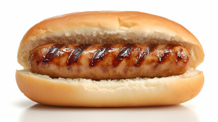 Grilled pork sausage in hot dog bun, isolated on pure white background. Simple artisan-style sausage roll with char marks, clean cut-out food photo.