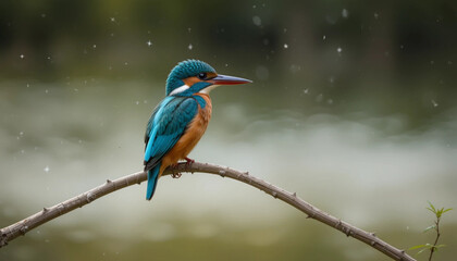 Obraz premium A vibrant kingfisher perches on a rock, beak touching the water, capturing a perfect splash in a serene river setting.