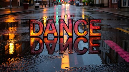 night city lights, the word DANCE made of glass letters on wet asphalt in the city center