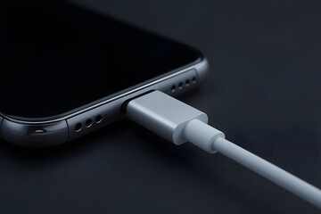 Macro shot of a smartphone charging port with the charging cable being plugged in