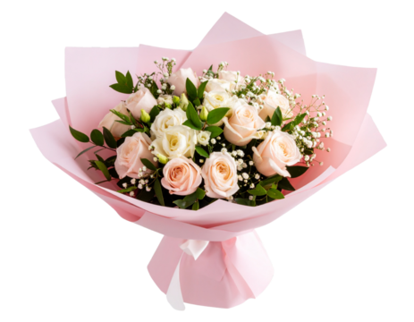 Beautiful wedding bouquet isolated on transparent background, wrapped in pink color