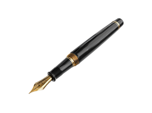 Elegant black fountain pen with gold accents isolated on black background, On Transparent Background, Png - Powered by Adobe