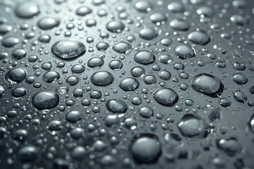 Macro shot of water droplets on a smooth, reflective surface, creating a clean, abstract pattern with cool lighting tones