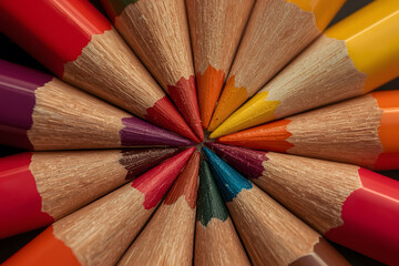 Colorful pencils tips arranged in a circular pattern, with visible wood grain and pigment texture