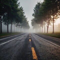 Foggy road with yellow lines flanked by trees creates a misty atmospheric perspective