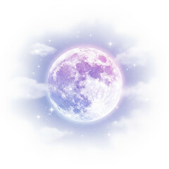 Fototapeta premium Magical full moon glowing in pastel purple, pink, and blue night sky — dreamy atmosphere with glittering stars and soft clouds copy