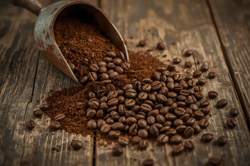 Macro shot of freshly ground coffee beans spilling from a scoop onto a wooden table