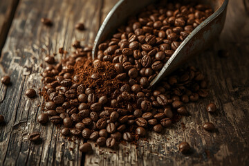 Macro shot of freshly ground coffee beans spilling from a scoop onto a wooden table