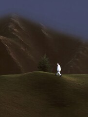 Fototapeta premium Elderly man walking alone on a mountain trail surrounded by natural landscape, serene environment with green trees and rocky path, peaceful outdoor adventure in calm mountain scenery