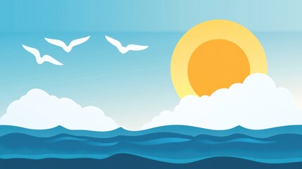 Ocean, sun, clouds, birds.  Simple summer scene