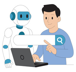 Man with Robot AI Assistant Illustration Future Technology and Online Search Concept. Human Collaboration with AI Vector Chatbot, Search Engine, and Machine Learning Concept.