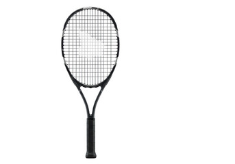 A sleek dark grey and black tennis racket with tightly strung white strings and a black textured grip, perfectly isolated against a bright white background with ample copy space, concept of tennis