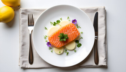 Sous-vide salmon with lemon foam served on white plate with decorations  