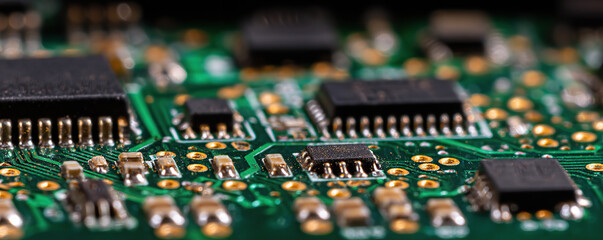 Close-up view of circuit board showcasing intricate electronic components and connections during assembly process