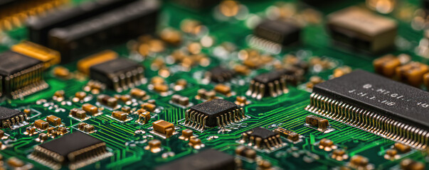 Detailed close-up view of electronic circuit board showcasing components and connections in a well-lit environment