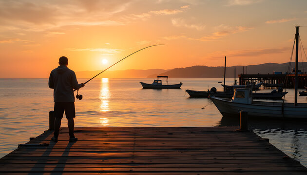 Fisherman casting line at golden hour from weathered wooden pier   - Powered by Adobe