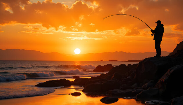 Angler fishing at sunset on rocky coastline with calm sea waves  