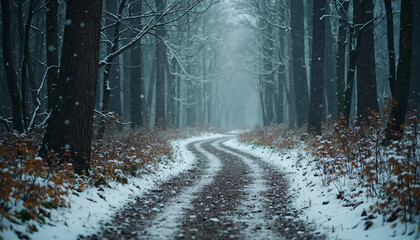 Obraz premium Snowy Path Through Forest with Bare Trees