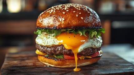 A delicious gourmet burger with a runny fried egg, fresh lettuce, juicy tomato, and a perfectly toasted sesame seed bun sits on a rustic wooden serving board.