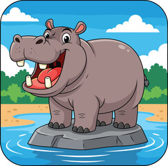 Laughing hippo in water, cartoon style artwork, cute wildlife character on rock, happy animal portrait, cheerful, natural habitat, children's illustration.