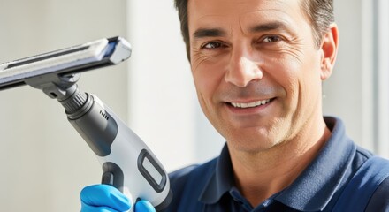 Clean window cleaner with Window Cleaning Tool: A smiling window cleaner demonstrates the process of cleaning windows, showcasing the tools. 