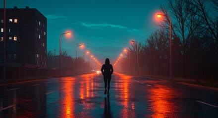 A person walks down a wet, neon-lit street at night.

