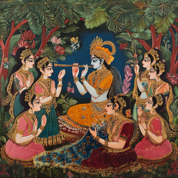Lord Krishna Tanjore Painting with Gopis and Gold Foil Detailing