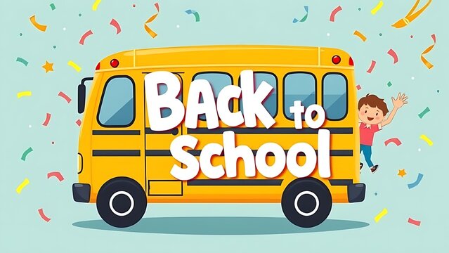 Playful vector illustration of a yellow school bus with large "Back to School" text and colorful confetti, celebrating the start of a new school year.
