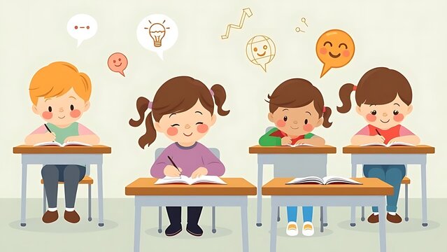 Vector illustration of a group of children sitting at their desks in a classroom, thinking hard while doing their schoolwork. Expression icons float above their heads showing concentration and confusi - Powered by Adobe