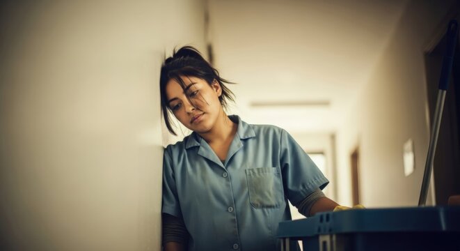 Exhausted Cleaning Worker: Capturing the weariness of a hard-working individual, a cleaning worker takes a moment to pause, her face etched with fatigue as she leans against a wall.  