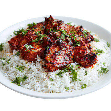 Chicken Tikka Masalar orr rice white on a plate on transparent background