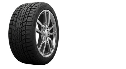 Obraz premium Jet-black tire with aggressive winter tread, deep sipes, intricate grooves, white markings on silver multi-spoke alloy wheel. Dual view, extreme close-up of sipes on transparent studio background with