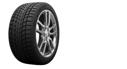 Jet-black tire with aggressive winter tread, deep sipes, intricate grooves, white markings on silver multi-spoke alloy wheel. Dual view, extreme close-up of sipes on transparent studio background with