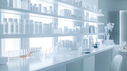 Modern laboratory shelves cleanly organized with scientific equipment in bright sterile environment.