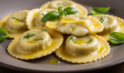A ravioli with and cheese in a ceramic plate	