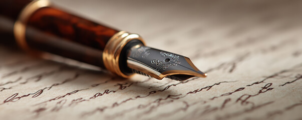 Elegant fountain pen resting on handwritten parchment showcasing intricate script and rich ink patterns