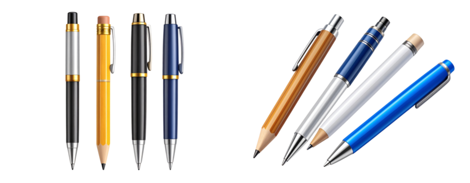 Realistic vector illustration of office and school stationery set — pen, pencil, felt-tip pen — isolated on white background PNG