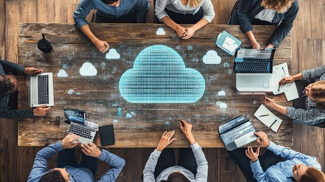 Modern office setting with diverse professionals collaborating, digital cloud concept displayed for tech discussions.