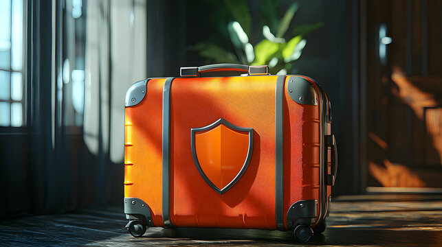 Travel insurance emergency security concept, A vibrant orange suitcase with a shield emblem, designed for travel