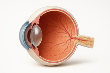 Detailed anatomy of human eye showing lens, retina, optic nerve, and blood vessels in medical illustration with clear structure and vibrant colors