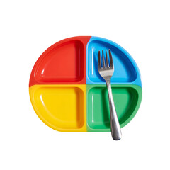 Colorful divided kids plate with plastic fork on transparent background