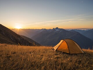 Mountain top camping, golden sunset, magnificent view