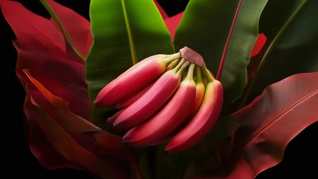 Bunch of red dacca bananas growing on banana tree