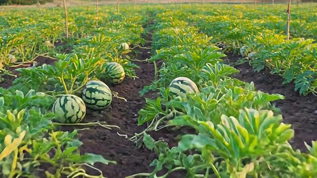 Watermelons growing in agricultural field, plantation of citrullus lanatus