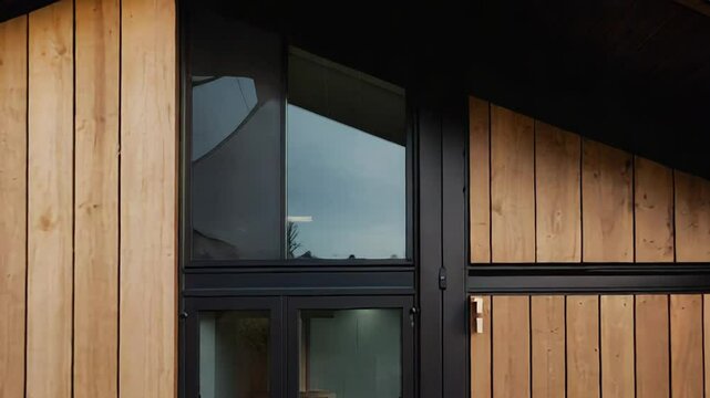 Modern wooden house exterior with black roof and large windows displaying contemporary architecture