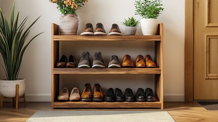 Modern wooden shoe rack with three tiers, minimalistic design for organizing footwear in stylish entryway.