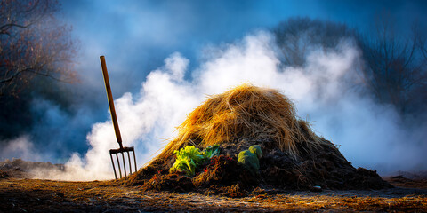 Steaming compost heap in the morning with pitchfork and greens
