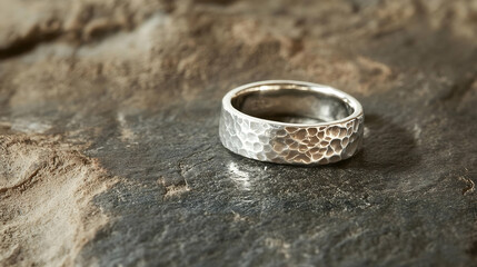 Antique silver ring with intricate floral engravings and gemstones resting on rustic stone surface showcasing elegant timeless beauty in detailed close-up shot

