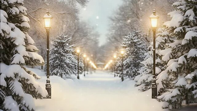 Snowy path with glowing lampposts in a park